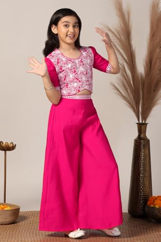 Fashion Dream Girl's Silk Blend Ethnic Top and Palazzo Set |Kids Salwar Suit Set|Embroidered Suit for Girls|Indo Western Set (FDGSET00226 PNK 24_Pink_5-6 Years)