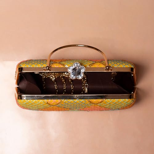 Artklim Yellow Based Multicolored Threadwork Embroidery Clutch Bag for Women