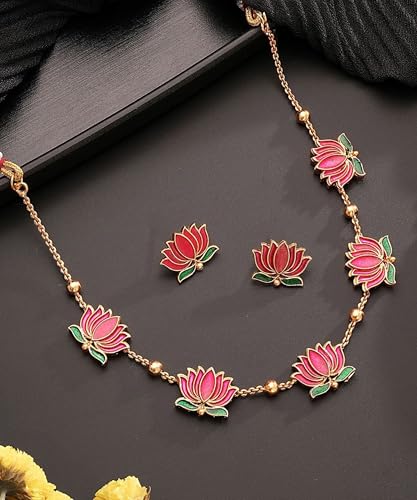 Mansiyaorange Pink & Green South Indian Temple Lotus Motif 18 K Gold-Plated Enamelled Ethnic Traditional Choker Neckalce & Earring Jewellery Set