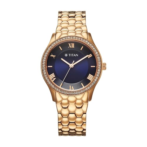 Titan Glamour Quartz Analog Blue Dial Stainless Steel Strap Watch for Women