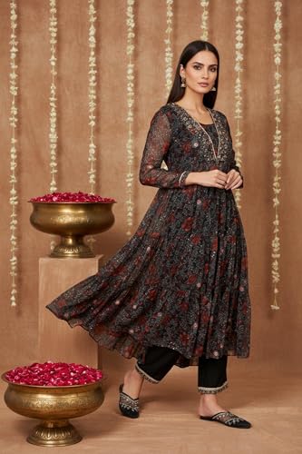 W for Woman Black Floral Printed Chiffon Flared Kurta with Straight Pant and Dupatta Set (WS13197-126216-XS)