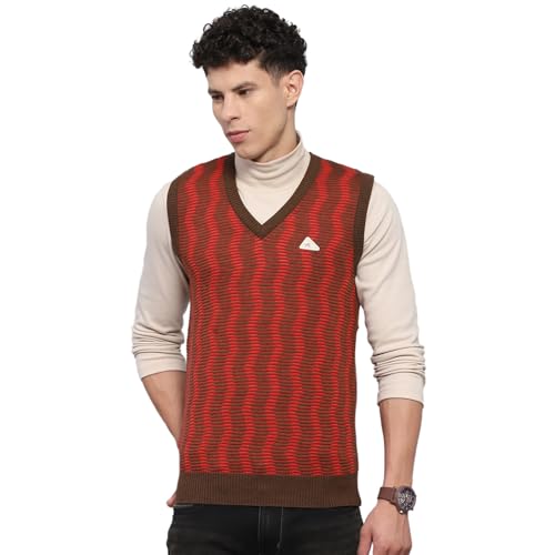 Monte Carlo Mens Self Design Brown V Neck Sleeveless Sweater (1239220SL-2-44)