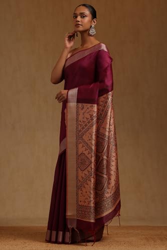 Soch Womens Wine Tussar Botanical Printed Saree