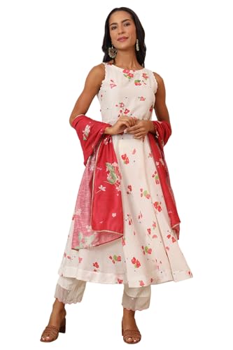 W for Woman White Bold Floral Printed Sleeveless Chanderi Anarkali Kurta with Pants and Red Printed Dupatta Set (Size: XL)-WS12495-125423