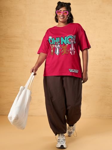 Bewakoof Official Tom & Jerry Merchandise Women Graphic Print Oversized Fit Half Sleeve Round Neck Cotton Jersey Plus Size Tshirt_654543_Red_6XL