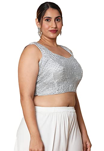 S SALWAR STUDIO Women's Silver Silk Blend Readymade Saree Blouse-PLSSB00044-SLVR