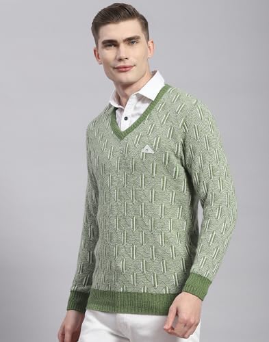 Monte Carlo Mens Green Solid V Neck Full Sleeve Wool Blend Casual Sweater (1239177VN-2-40)