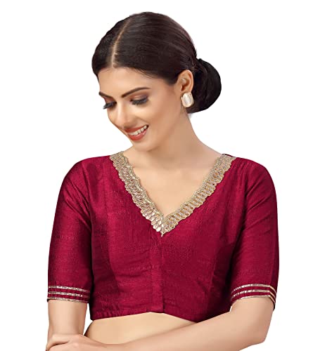 Studio Shringaar Women's Readymade Silky Saree Blouse with Embroidered Neckline (Maroon, 44)