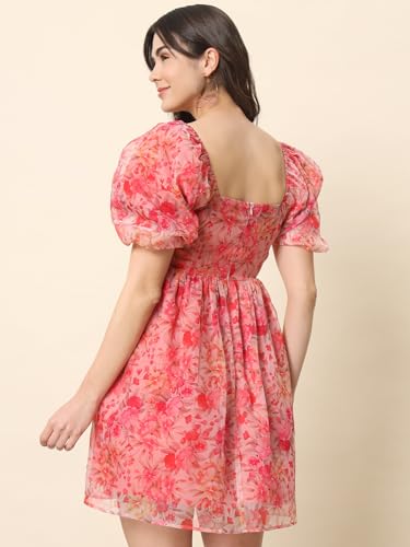 Trend Arrest.ed Women’s Floral Organza Puff Sleeve Mini Dress | Square Neck with Lining | Fit & Flare Western Style for Brunch, Travel & Day Outings (D5366_Pink_XL)