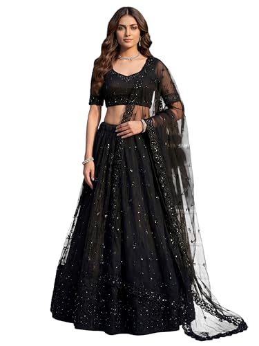 Zeel Clothing Women's Resham & Zari Embroidered Net Lehenga Choli with Dupatta (5056-Black-Women-Lehenga-Choli-Set; Free Size)