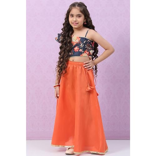 BIBA Girls Polyester Blend Short Kurta Printed Lehenga Set (KW5036EAW22PCH_Pink_14 Years-15 Years)