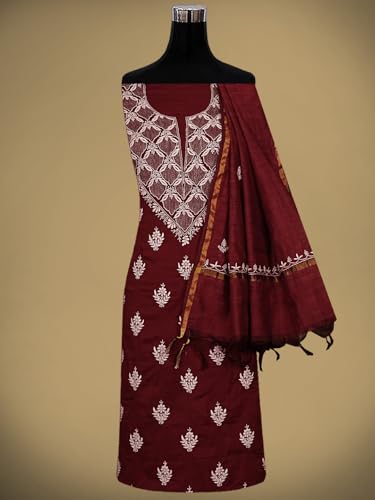 Ada Hand Embroidered Lucknowi Chikankari Unstitched Cotton Dress Material Suit Piece with Dupatta for Women 01A780646 Maroon