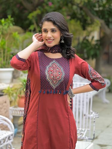 Divena Maroon Cotton Round neck Yoke work kurta Pant Set With Dupatta