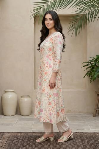 W for Woman Cream Floral Printed Tissue A Line Kurta with Straight Pant and Dupatta Set - (WS13090-126486-M)