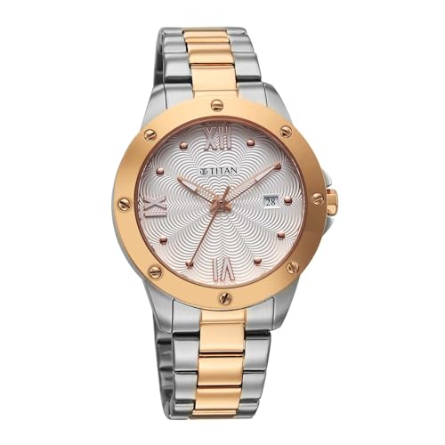 Titan Glamour Quartz Analog with Date White Dial Two Toned Stainless Steel Strap Watch for Women