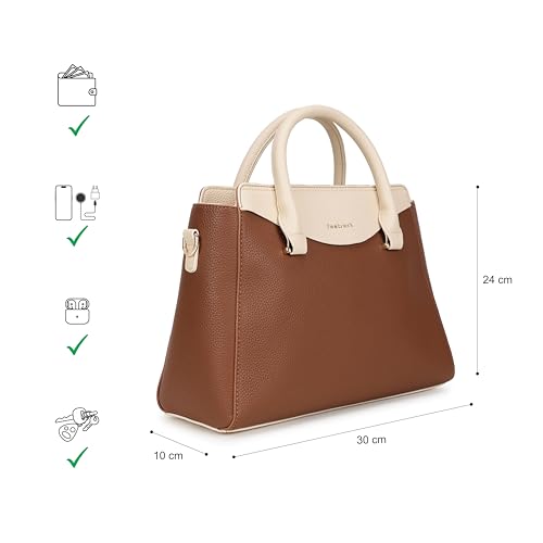 Fastrack Tan Gridelle Satchel Handbag for Women | Premium Faux Leather Weave Design | Tan Structured Satchel with Zipper Closure | Dual Compartment with Organizer Pockets