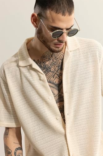 SNITCH Men Shirts | Box Fit Half Sleeve Cuban Collar Textured Design | Premium Polyester Crochet Knit Fabric for Streetwear & Elevated Casual Occasions | Cream