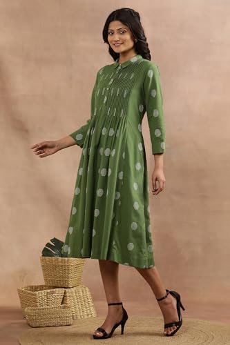 W for Woman W Women Green Polka Print Cotton Flax Flarred Dress_24FEW11081-313885_S