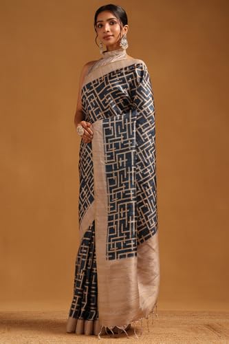 Soch Womens Blue Tussar Geometric Printed Saree