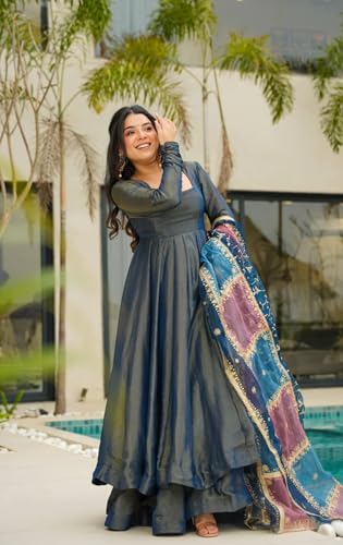 Leeli Peeri Designer Women's Simmer Silk Sequence work Anarkali Kurta Palazzo Set with Dupatta