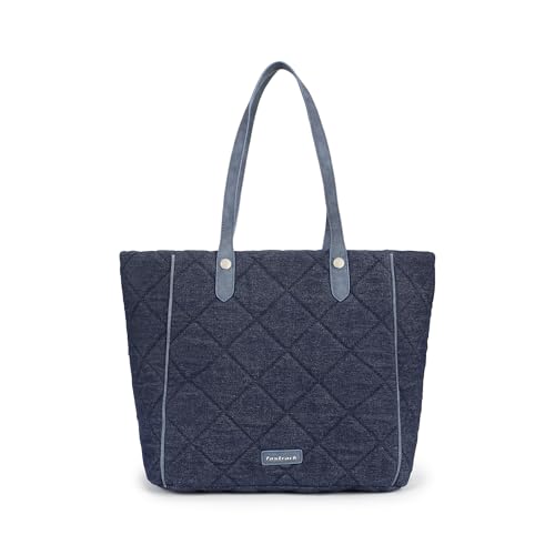 Fastrack Classic Denim Tote Bag | Quilted Design | 14-Inch Laptop Compatible With Padded Sleeve | Sturdy Dual Handles | Zipper Closure & Organizer Pocket | Natural Indigo Denim | 6-Month Warranty