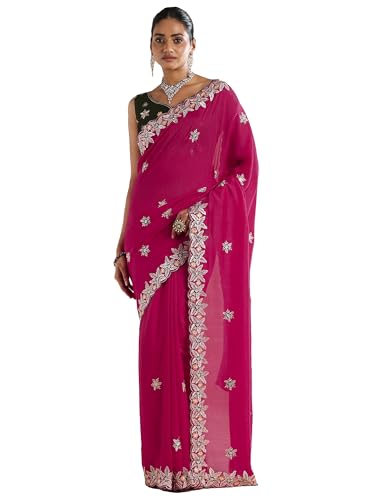 AKHILAM Women's Pink Vichitra Silk Floral Embellished Saree With Unstitched Blouse Piece (ANIKA2502_AG)