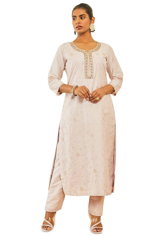 Soch Womens Blush Pink Silk Blend Floral Embroidered Suit Set with Contrast Dupatta