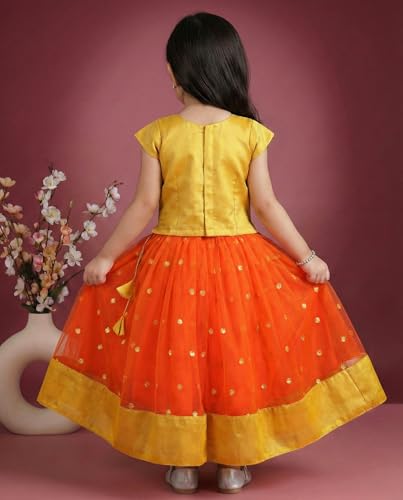 Stanwells Kids Girls Lehenga Choli Ruffle Pattern Dress Half Sleeves Readymade Hand Sequins Embroidery Ethnic Traditional Full Length South Indian Girl Lehnga Choli(Orange)(5-6 Years)