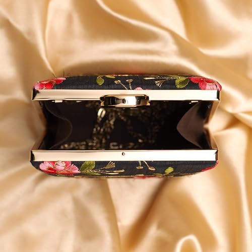 Artklim Black Based Pink Floral Embroidery Clutch Bag for Women