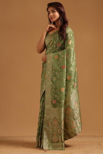 Soch Womens Olive Crepe Botanical Zari Woven Saree