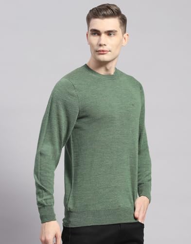 Monte Carlo Mens Green Solid Round Neck Full Sleeve Wool Casual Sweater | Warm Woolen Pullover for Men | Soft Comfortable Knitted Winter Wear Sweater for Men's