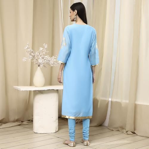 Biba Women Blue Poly Chanderi Fitted Kurta Set_34
