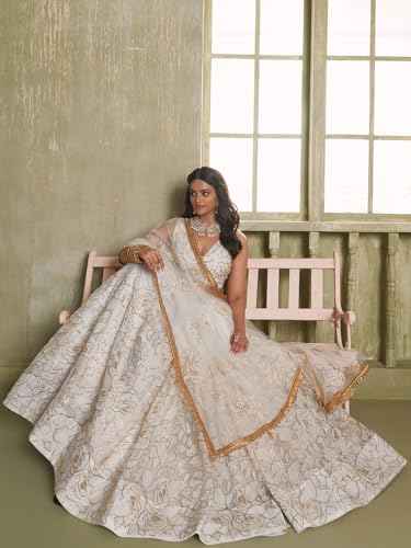 Zeel Clothing Women's Thread Sequins Work Embroidery Soft Net Lehenga Choli with Dupatta (NFH-2209-Off-White-Women-Lehenga-Choli-Latest; Free Size)