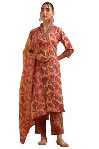 Soch Womens Peach Cotton Digital Print Botanical Block Print Salwar Suit