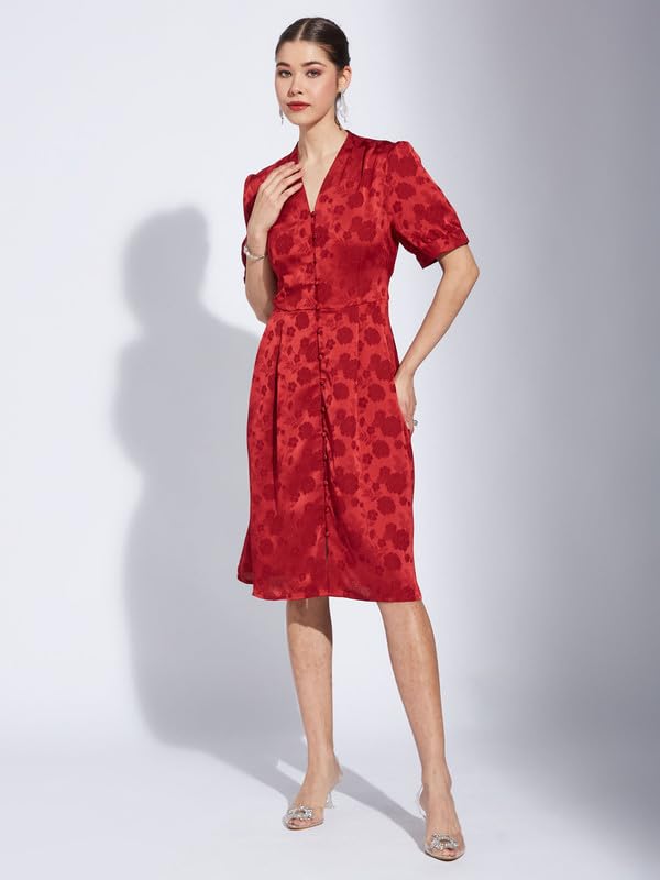 Latin Quarters Women Maroon V-Neck Half Sleeve Printed A-Line Dress_XL