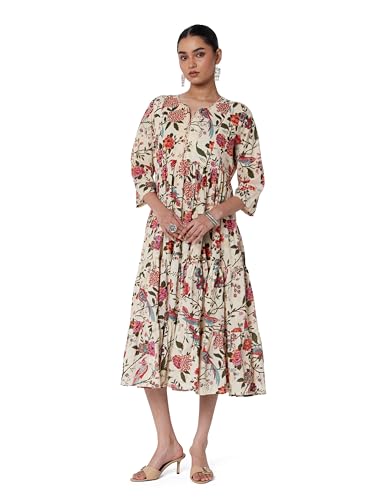 BIBA Women Printed Flared Mix and Match Ankle Length Dress (Fusassorted1303E_Off White_34), Casual Dress, Medium