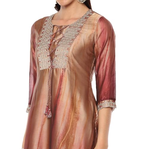Rangriti Women's Gold Crepe Georgette Straight Printed Kurta Palazzo Suit Set_42