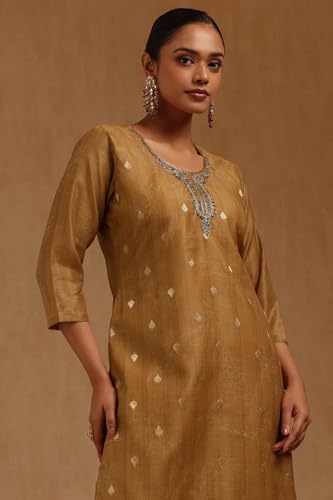 Soch Womens Gold Chanderi Floral Kurta Set With Cutdana