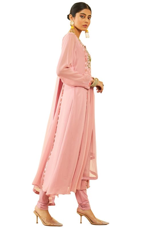 Soch Womens Onion Pink Georgette Floral Embroidered Chudidar Suit Set with Beadwork(OWS2CD2110A)