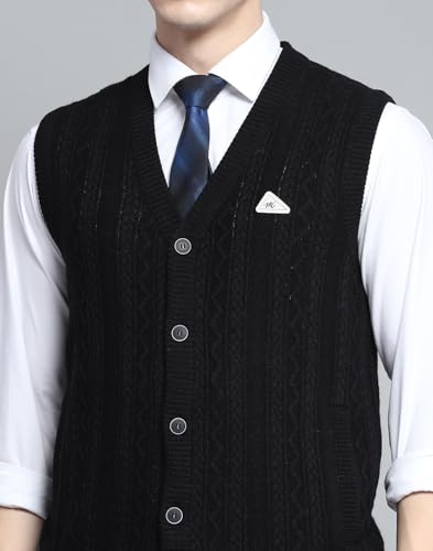 Monte Carlo Mens Self Design Black V Neck Sleeveless Cardigan_1243147SC-901