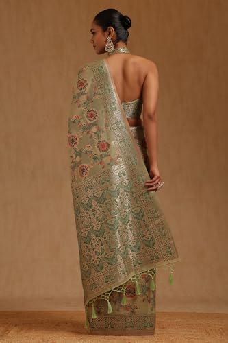 Soch Womens Light Green Chanderi Floral Woven Design Saree