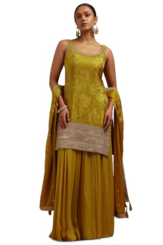 Soch Womens Mustard Tissue Embroidered Suit Set With Mirror Work