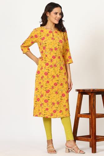 W for Woman Yellow Floral Printed Pure Cotton Kurta (Size: S)-24AUW12020-124771