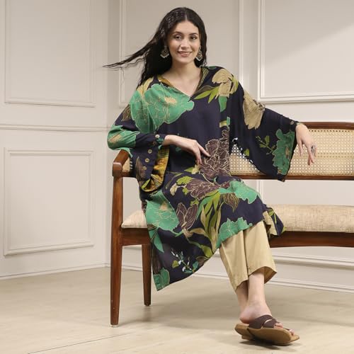 Biba Women's Rayon Printed Regular Kurta (EXPN30403AW25CHAR_Charcoal
