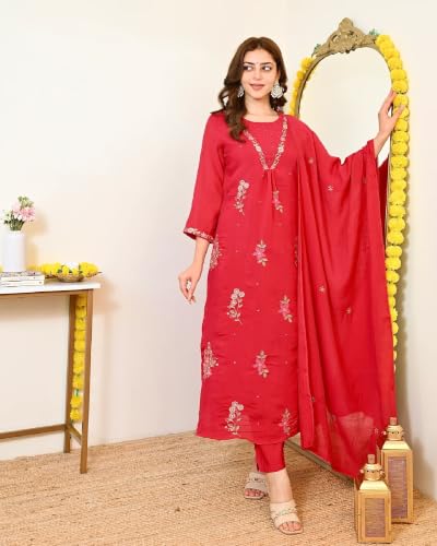 Women's Red Chanderi Embroidered Straight Kurta Set With Dupatta And Pant