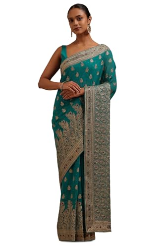 Soch Womens Turquoise Blue Georgette Embroidered Saree With Zari