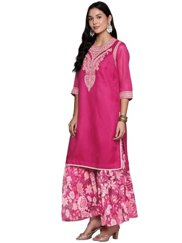 Aarke Ritu Kumar Magenta Embroidered Kurta With Sharara And Dupatta