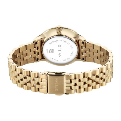 Titan Purple Prestige Quartz 3 Hands + Date Round Green Dial, Gold Stainless Steel Strap Watch for Women - 95247YM01