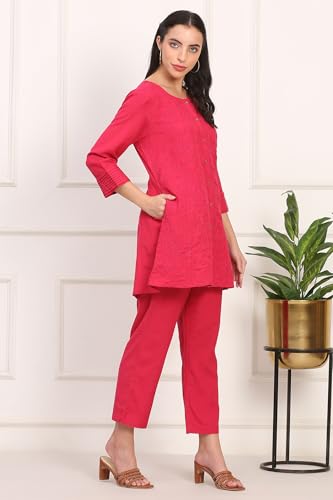 W for Woman Solid Embroidered Rayon Flax A-line Red Tunic and Straight Pants Co-ord Set (Size: XS)-WSST31085-603668