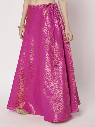 studio rasa Women's Brocade Floral Bias Skirt for Wedding Festive Party (SKTC72519L_Pink_Large)